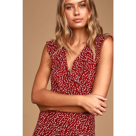 Lulus Fondest Memories Wine Red Polka Dot Sleeveless Ruffled Jumpsuit Size Med - Picture 3 of 10